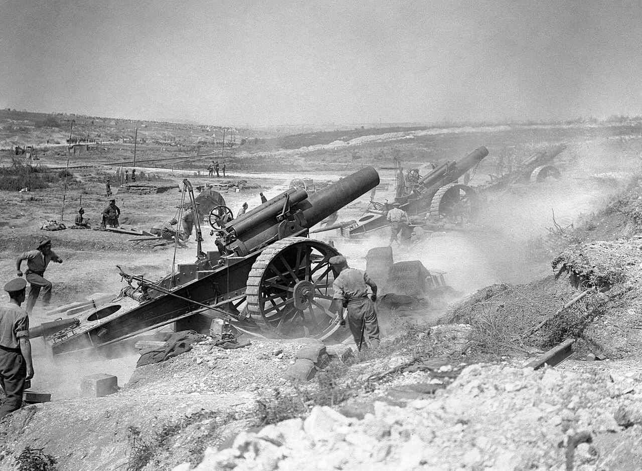 British artillery in action during World War I, Battle of the Somme, 1916
